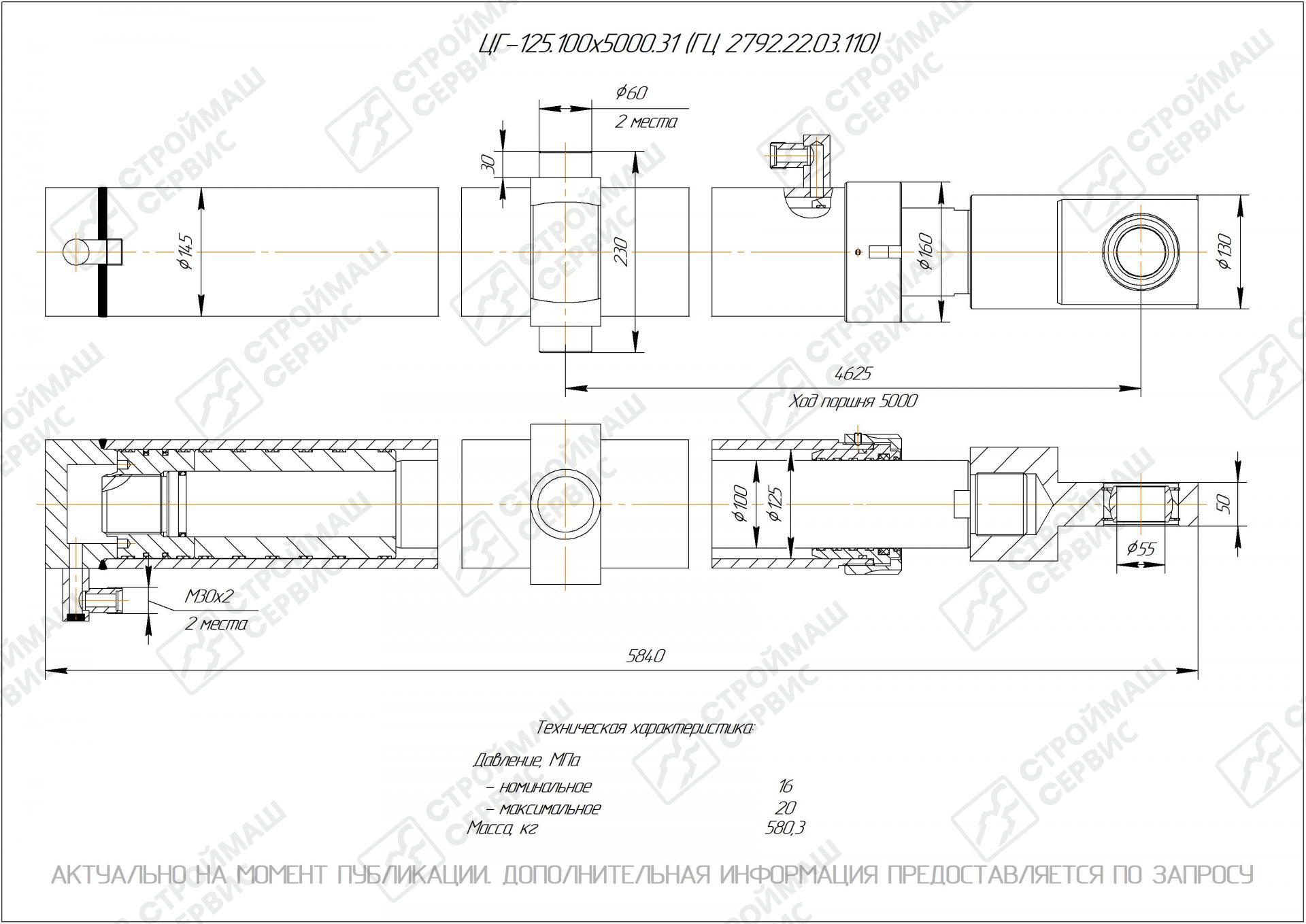 Гидроцилиндр ЦГ- 125.100х5000.31 (ГЦ 2792.22.03.110) путевых машин  производства ОАО 